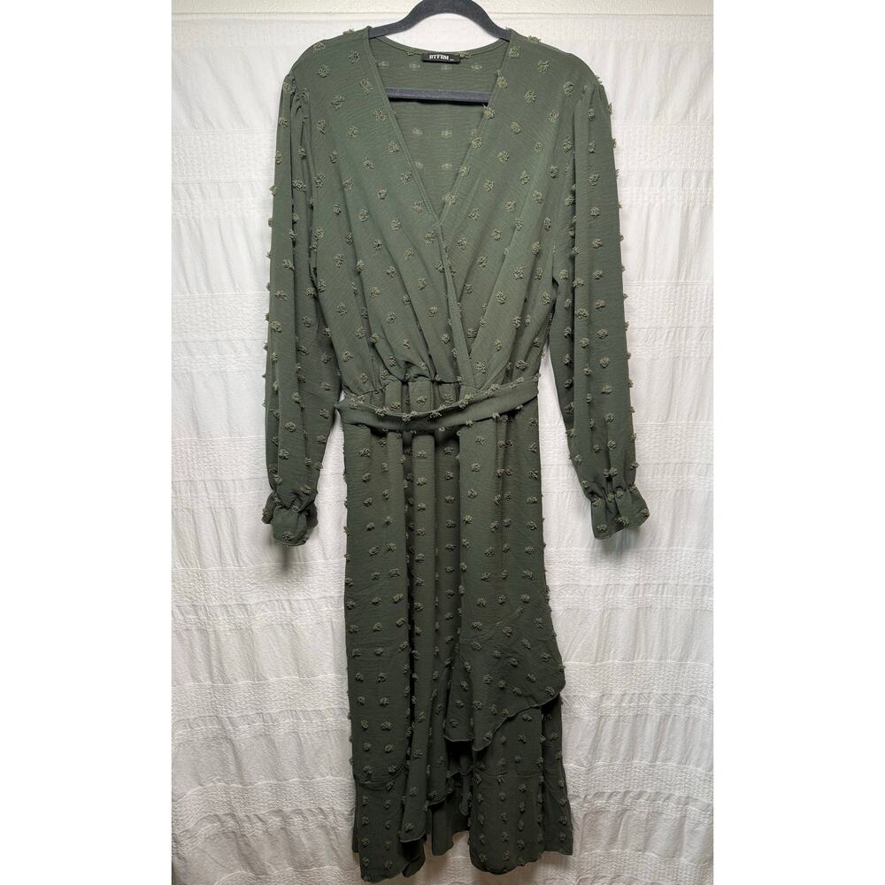 BTFBM Long Sleeve Swiss Dot Maxi Dress, Olive Green, Size XXL - Excellent